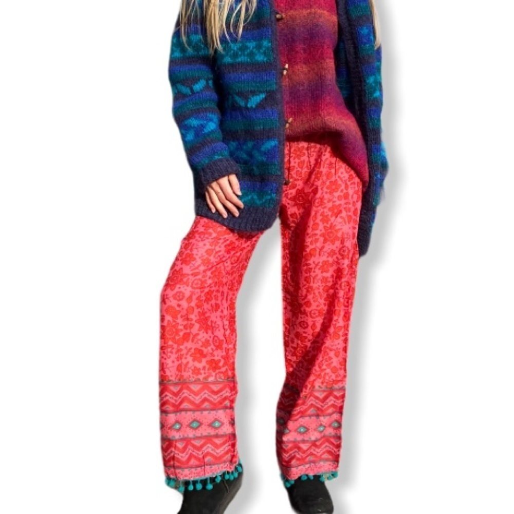 Natural Life NEW Wide Leg Pant Pink Floral Aztec Print PomPom Trim Loungewear